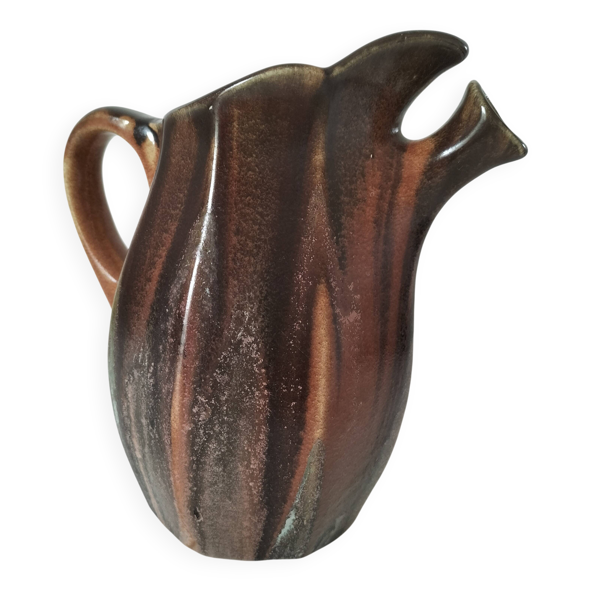 Vintage Belgian ceramic sculptural pitcher in chocolate brown.
