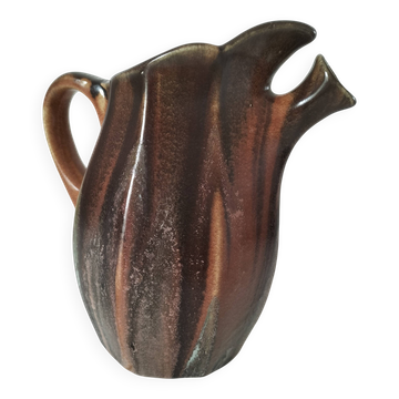 Pichet sculptural céramique belge flammée brun chocolat vintage