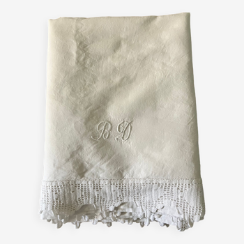 Antique linen, sheet with monogram and lace