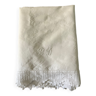 Antique linen, sheet with monogram and lace