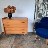 Vintage light oak chest of drawers, brass base
