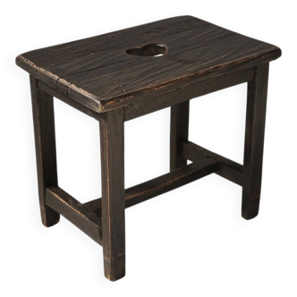 Rustic Handcrafted Black Wooden Stool, France 1920s