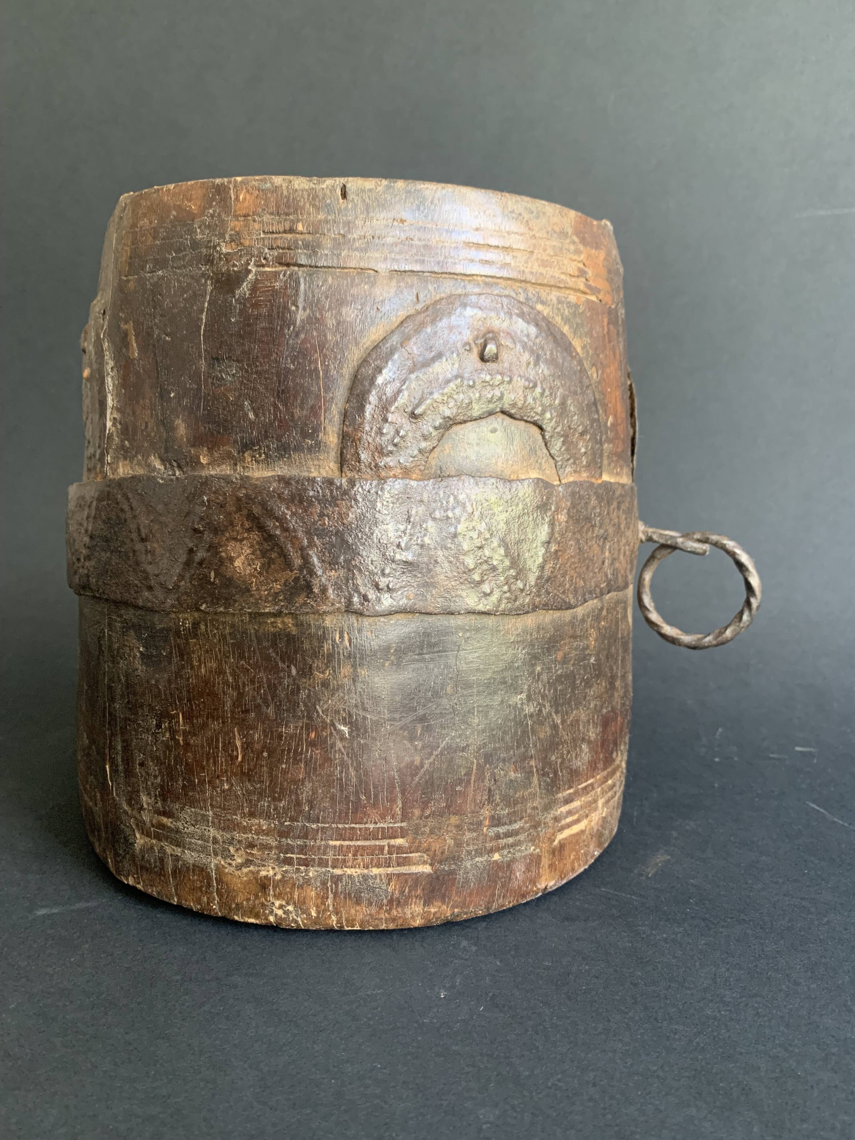 Large measuring pot in wood and old iron, 19th century folk art