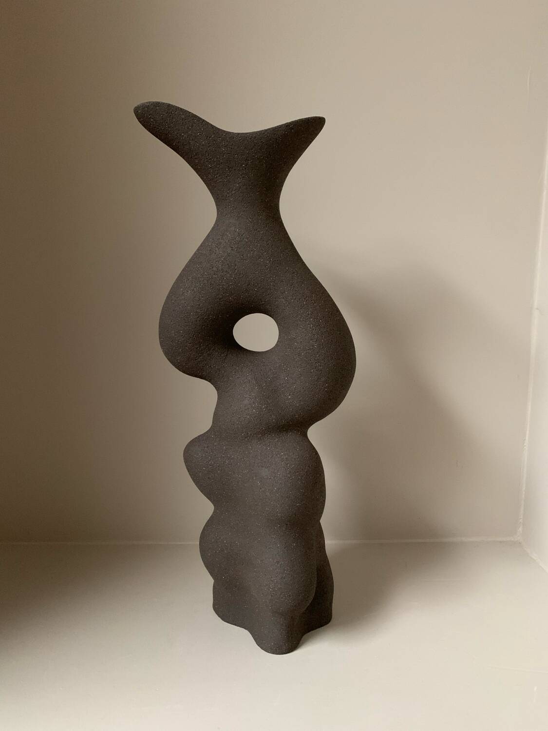 Black stoneware vase in an organic shape