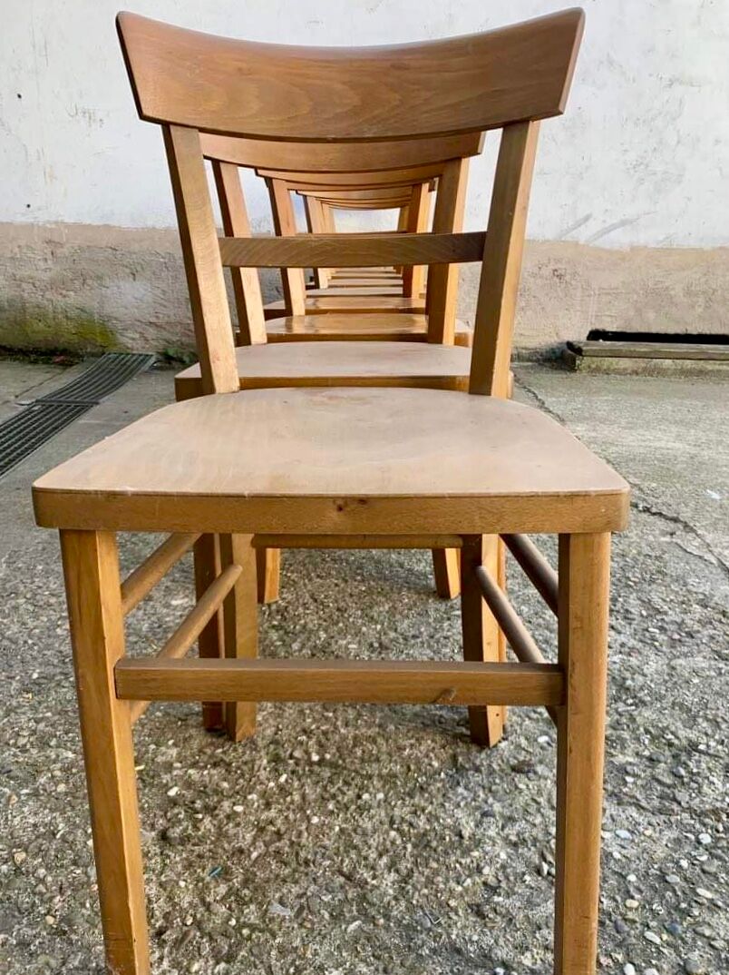 Set of 8 old light wood bistro chairs years 1957 stamps