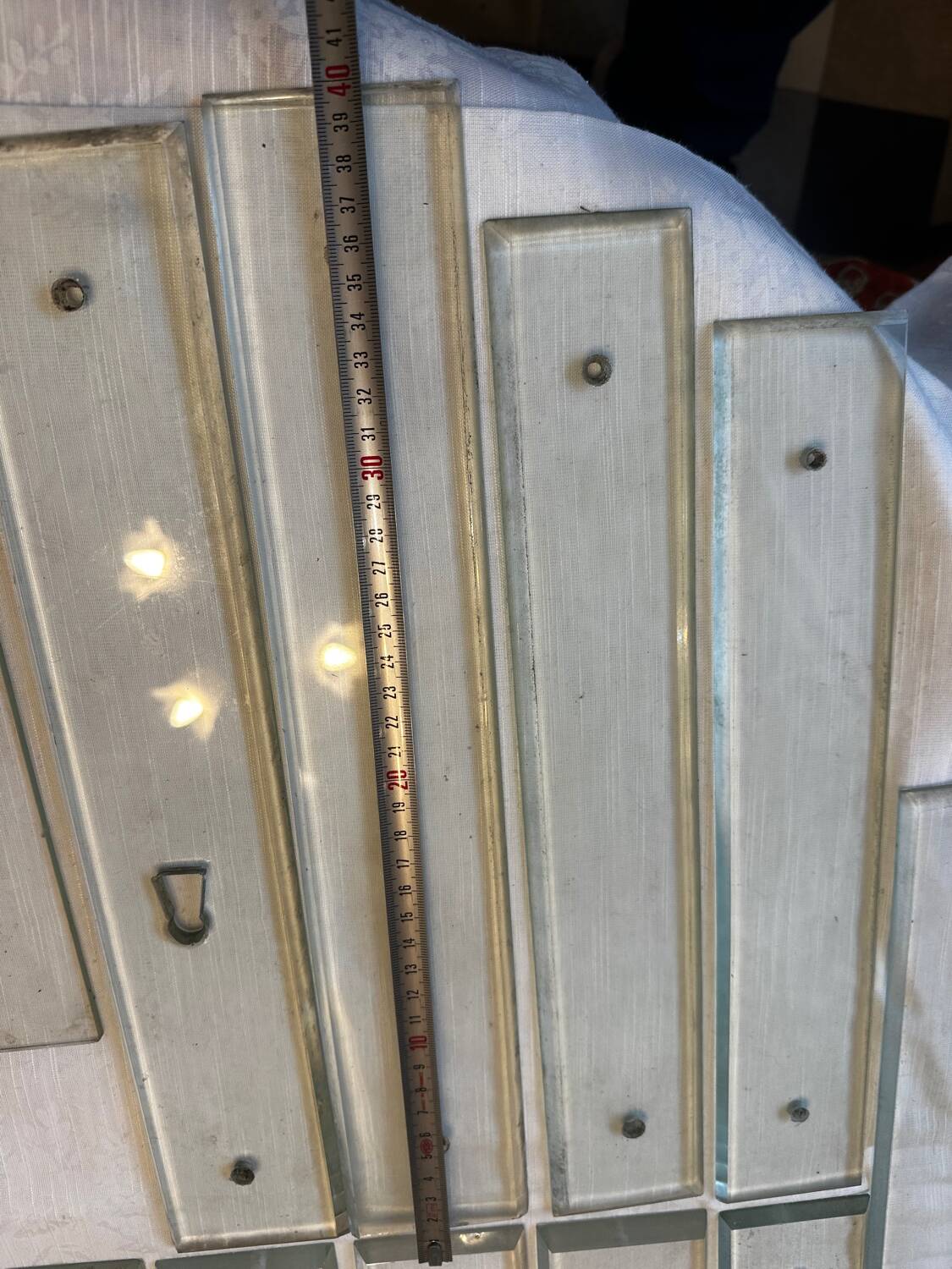 11 bevelled glass cleanliness plaques + 4 Art Deco glass plaques