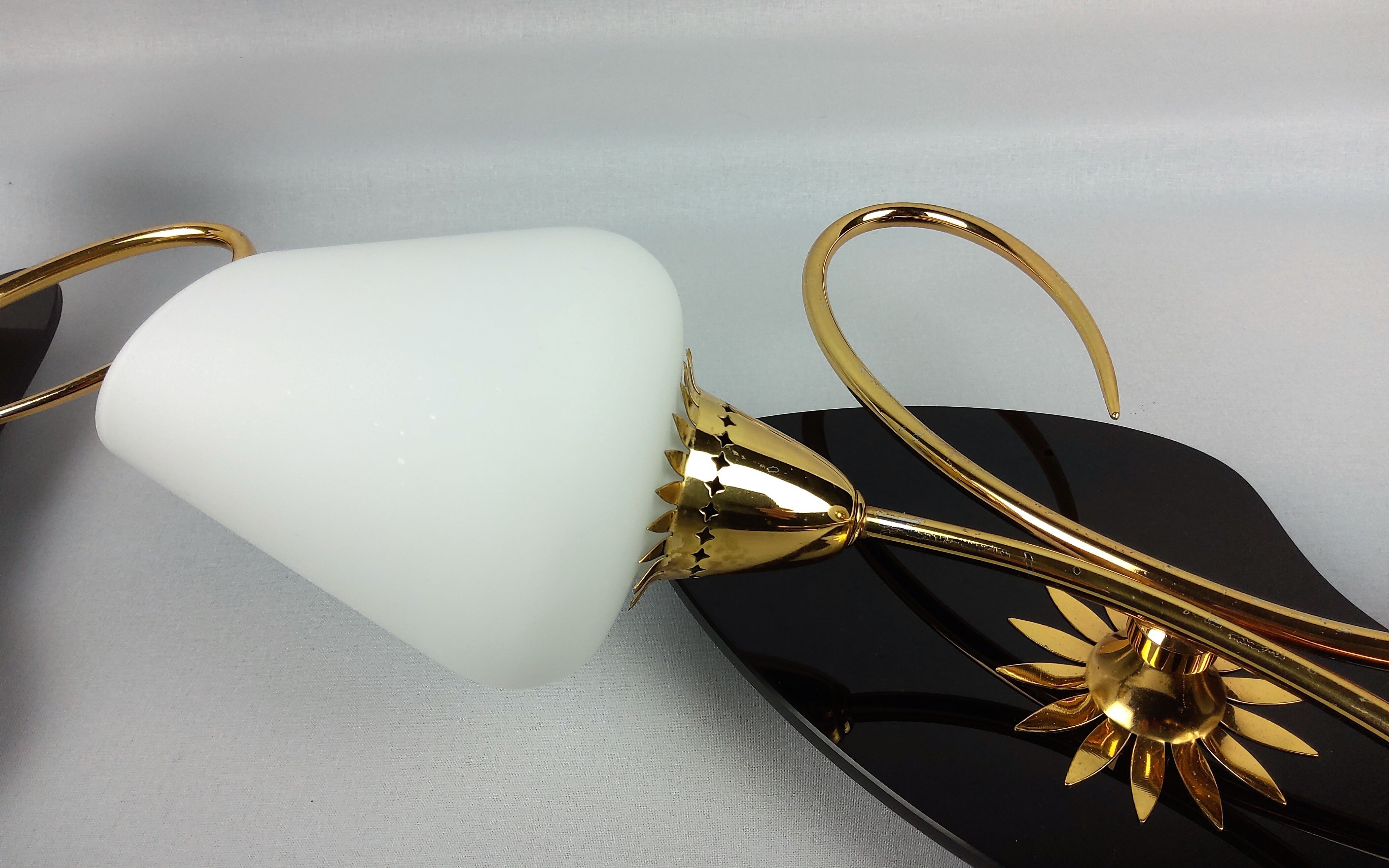 Arlus black and brass opaline sconces 1960