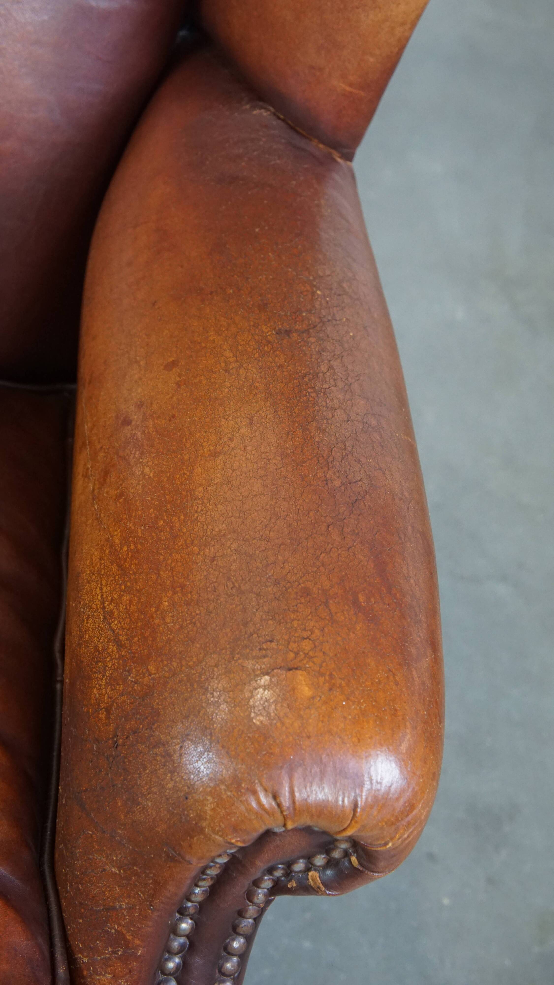 Vintage English-Style Sheepskin Leather Wingback Armchair