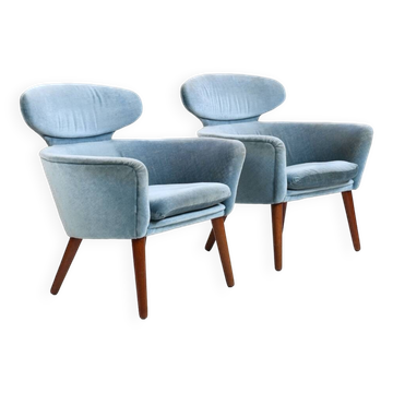 Rare paire de fauteuils danois en teck et mohair des années 1950