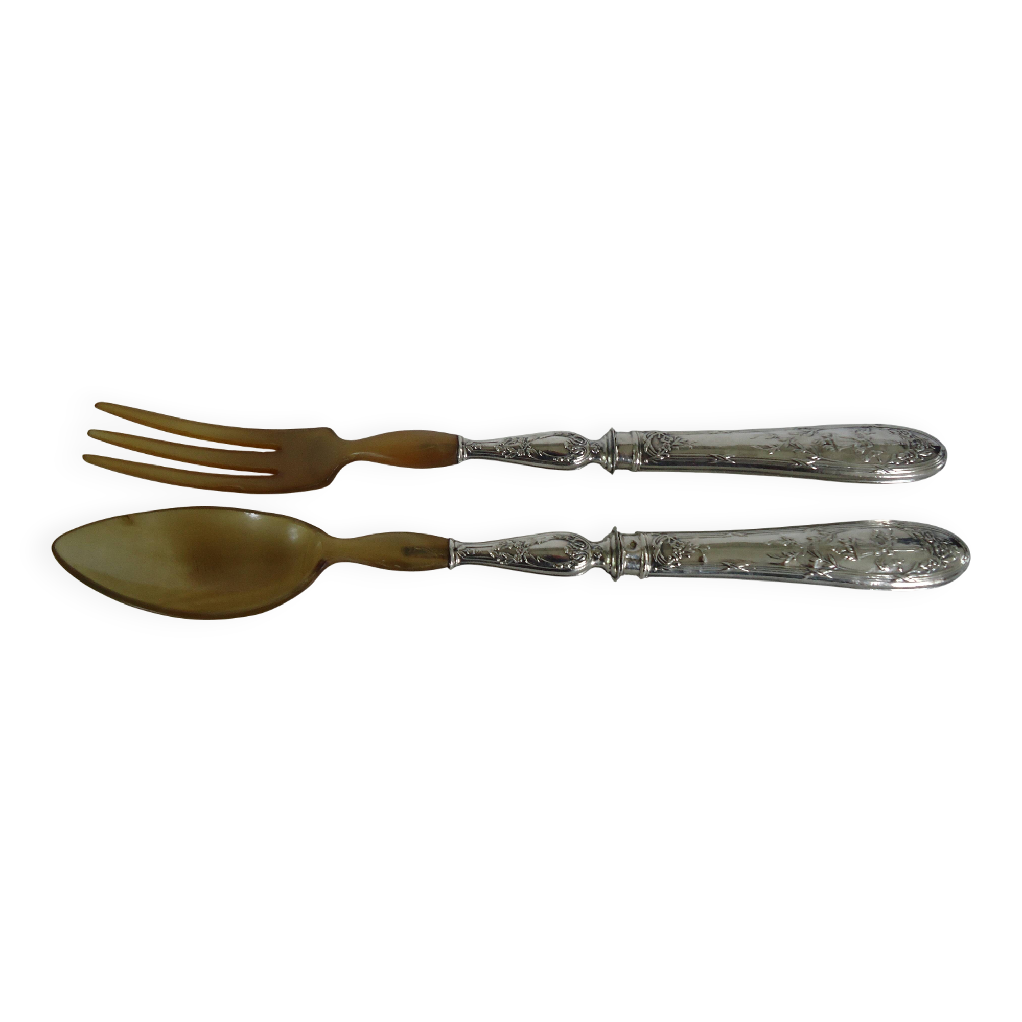Pair of horn and silver-plated salad servers