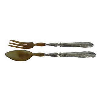 Paire de couverts à salade corne et argent fourré