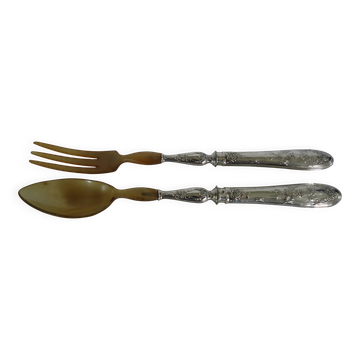 Paire de couverts à salade corne et argent fourré