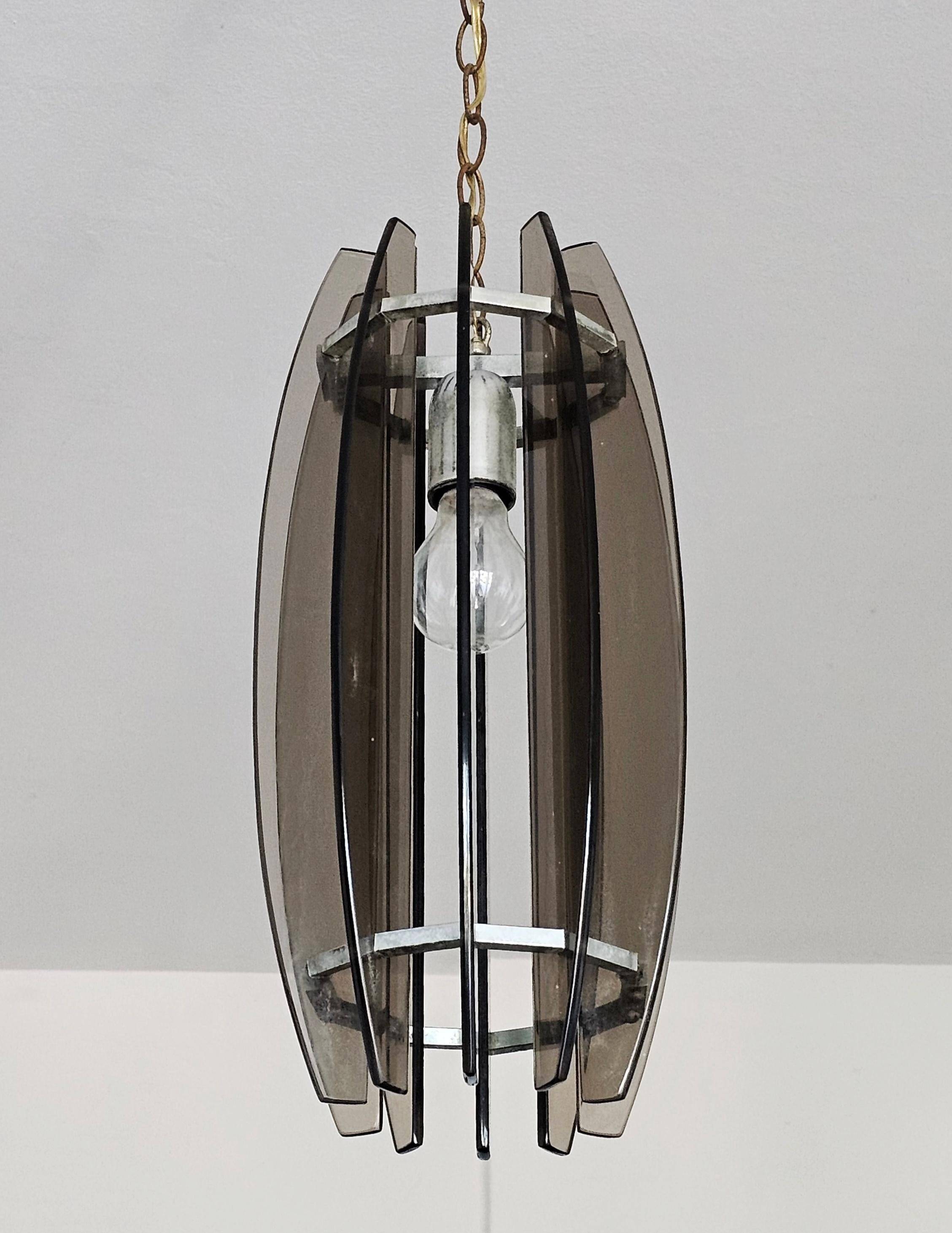 Glass chandelier, chrome and smoked glass in the Fontana Arte style from the 1970s.