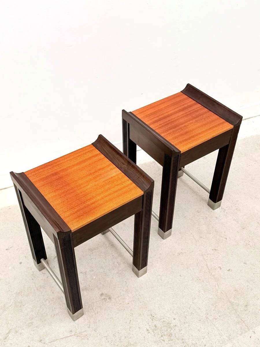 Pair of bedside tables in mahogany and stained oak, France 1980.