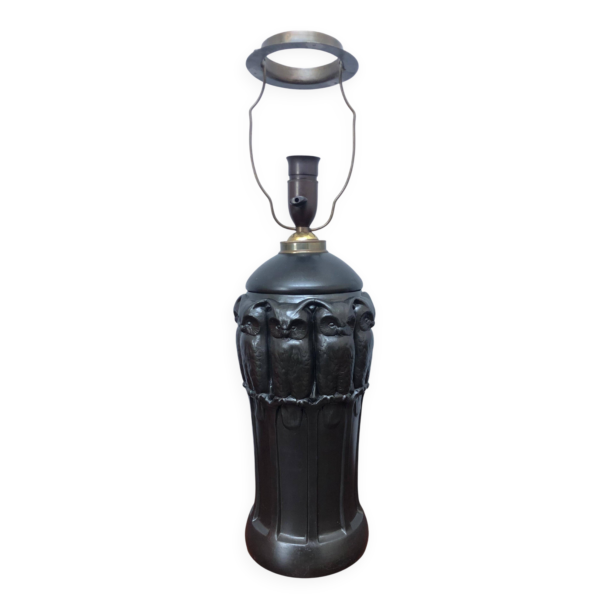 Antique Black Pottery Owl Table Lamp by L. Hjorth of Bornholm