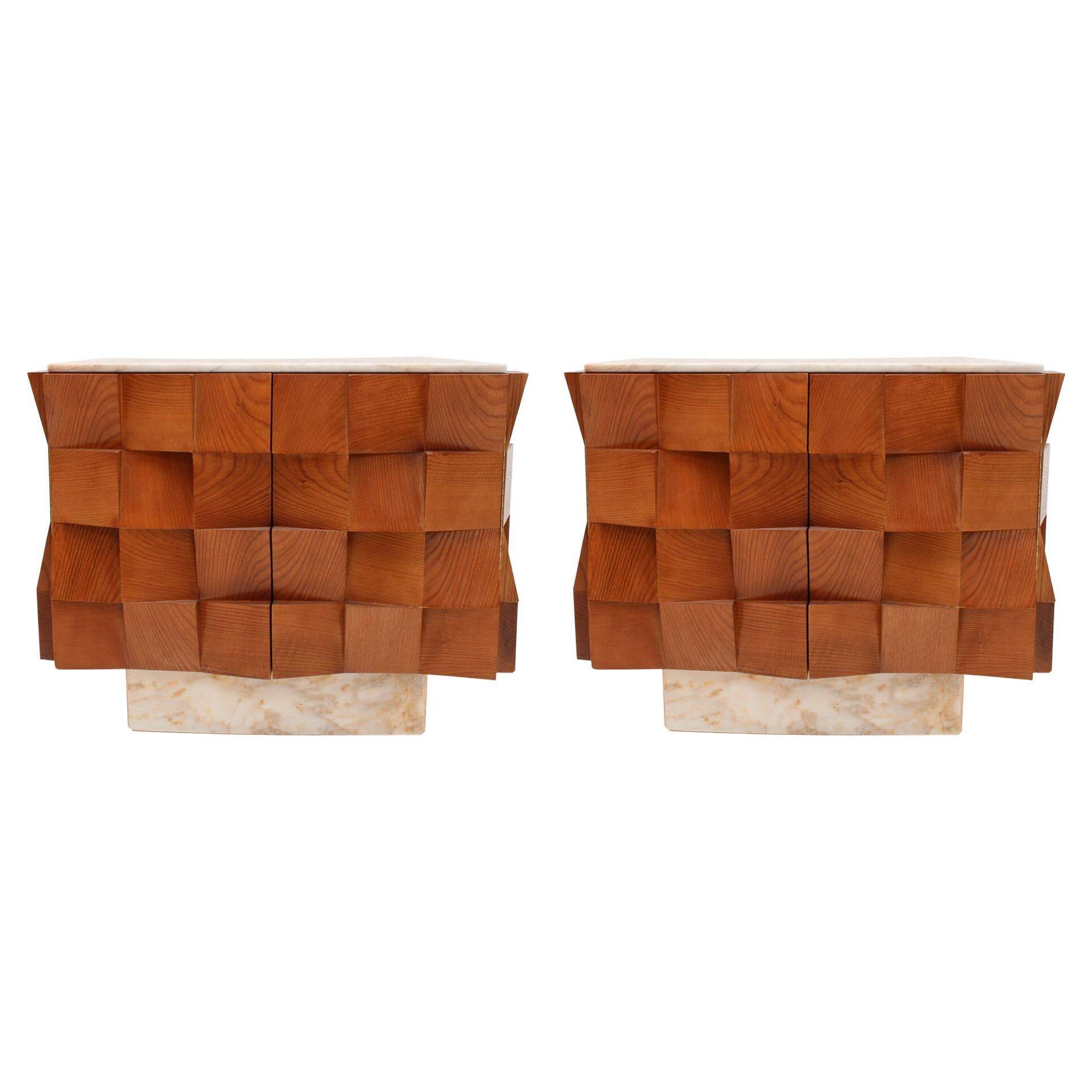 Contemporary Modern Pair of Sideboards in Wood and Siena Marble Top, Italy
