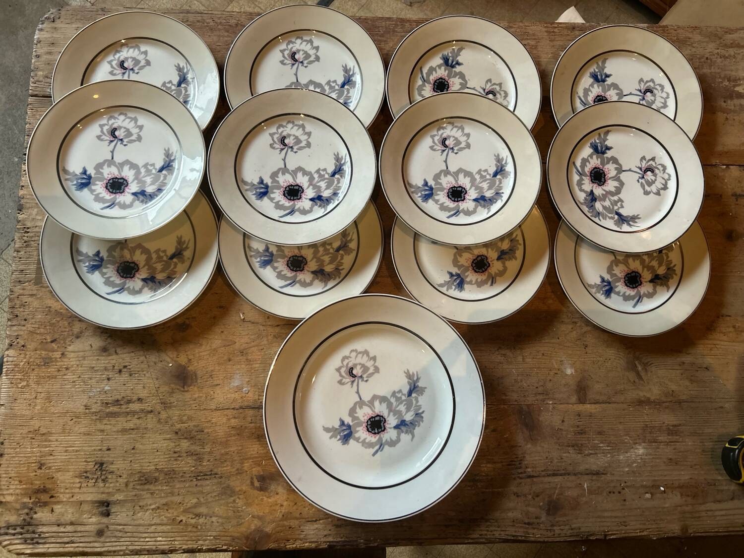 Série de 12 assiettes plates en porcelaine aux anémones