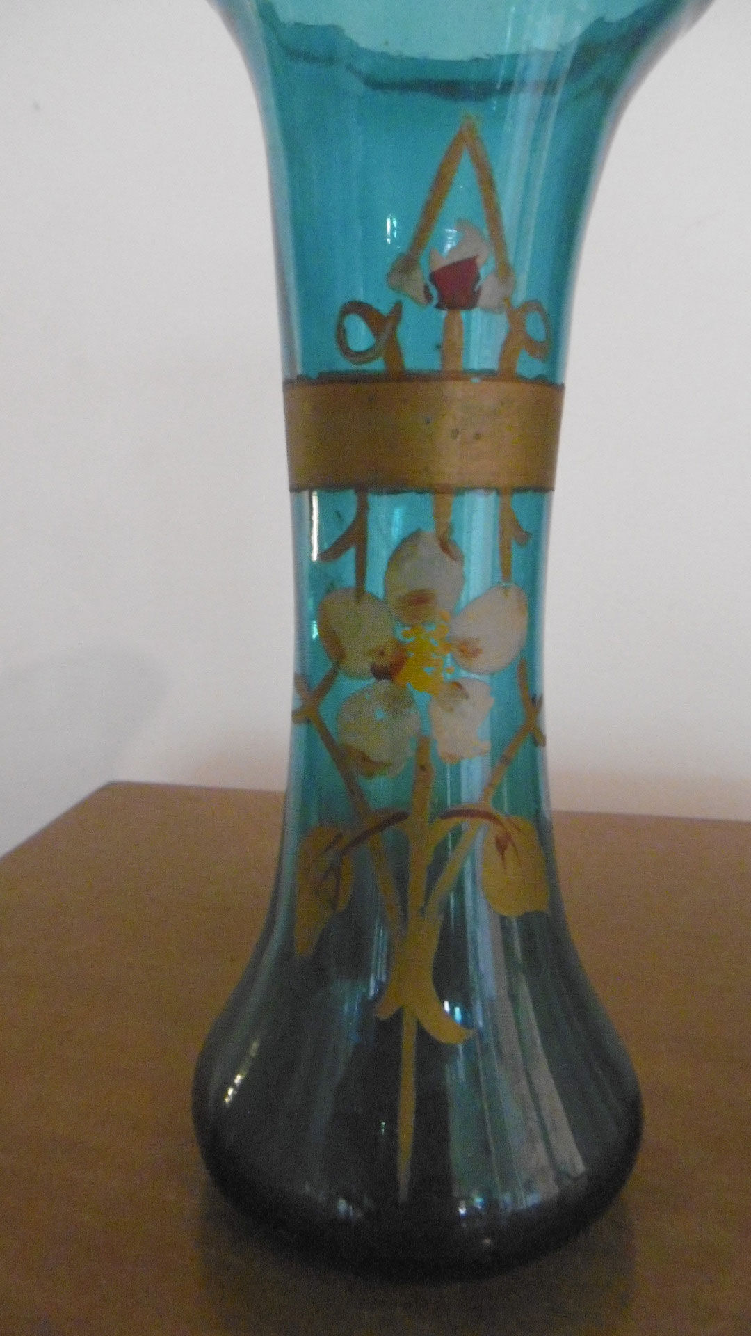 Early 20th century vase - turquoise glass and painted decoration