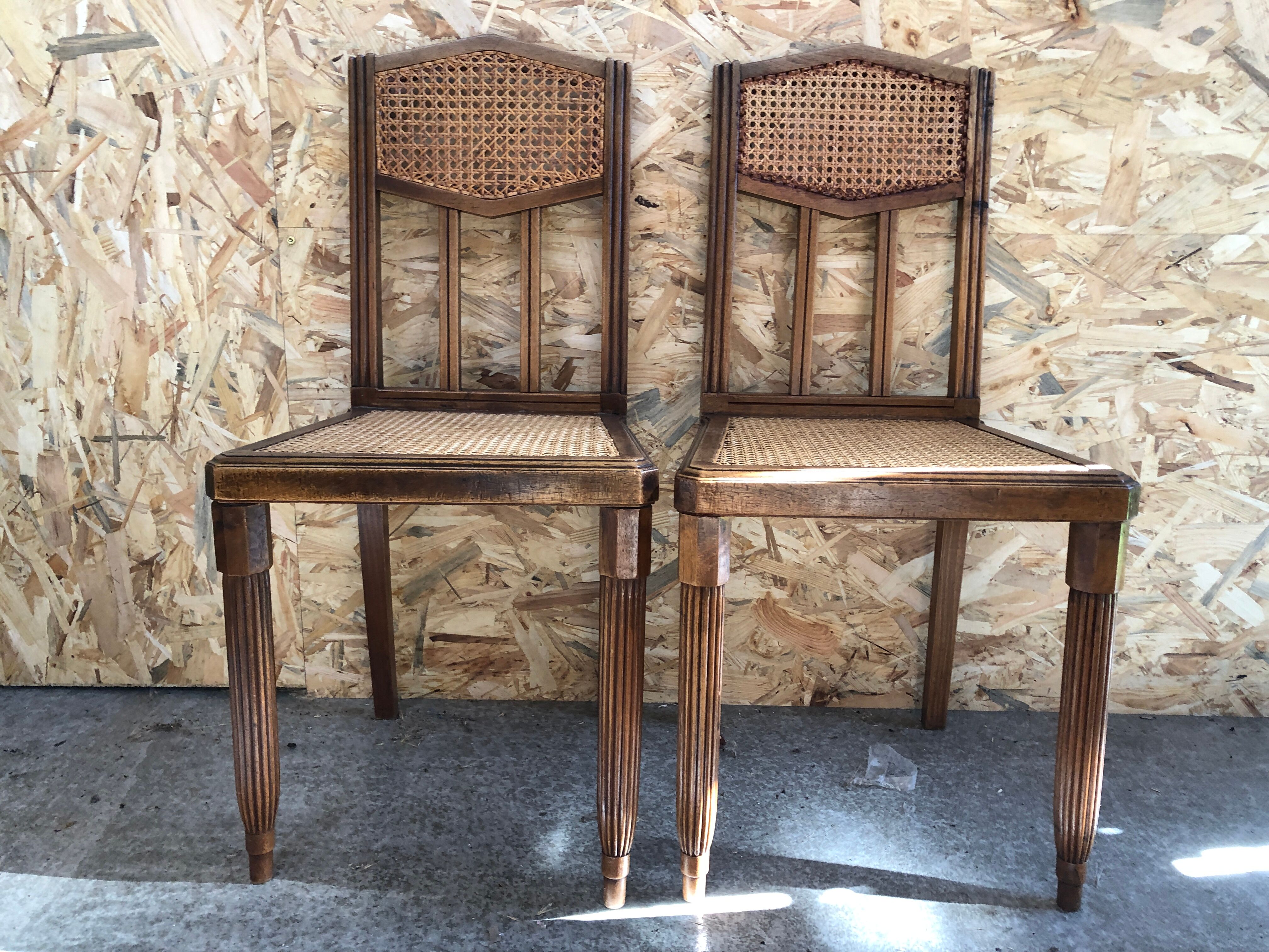Pair old chair style louis xvi wood + seat & back cannée vintage