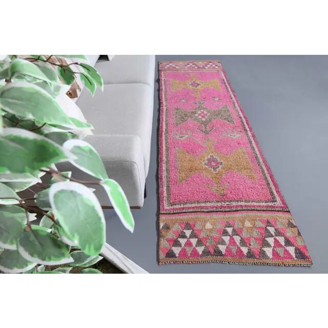 Vintage Turkish Hand-Knotted Wool Cotton Pink Runner Rug 90x298