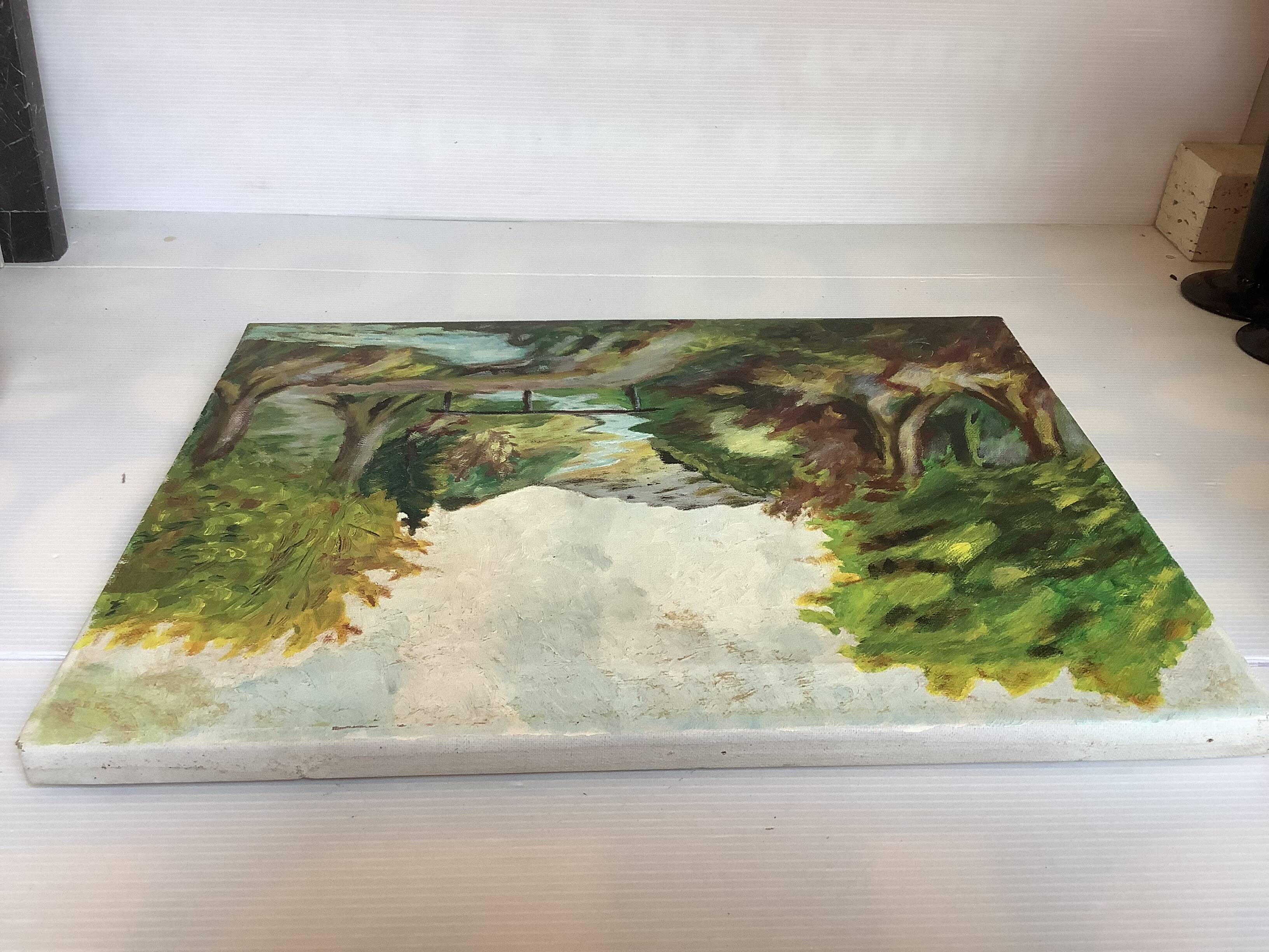 Landscape painting with a small bridge, oil on canvas.