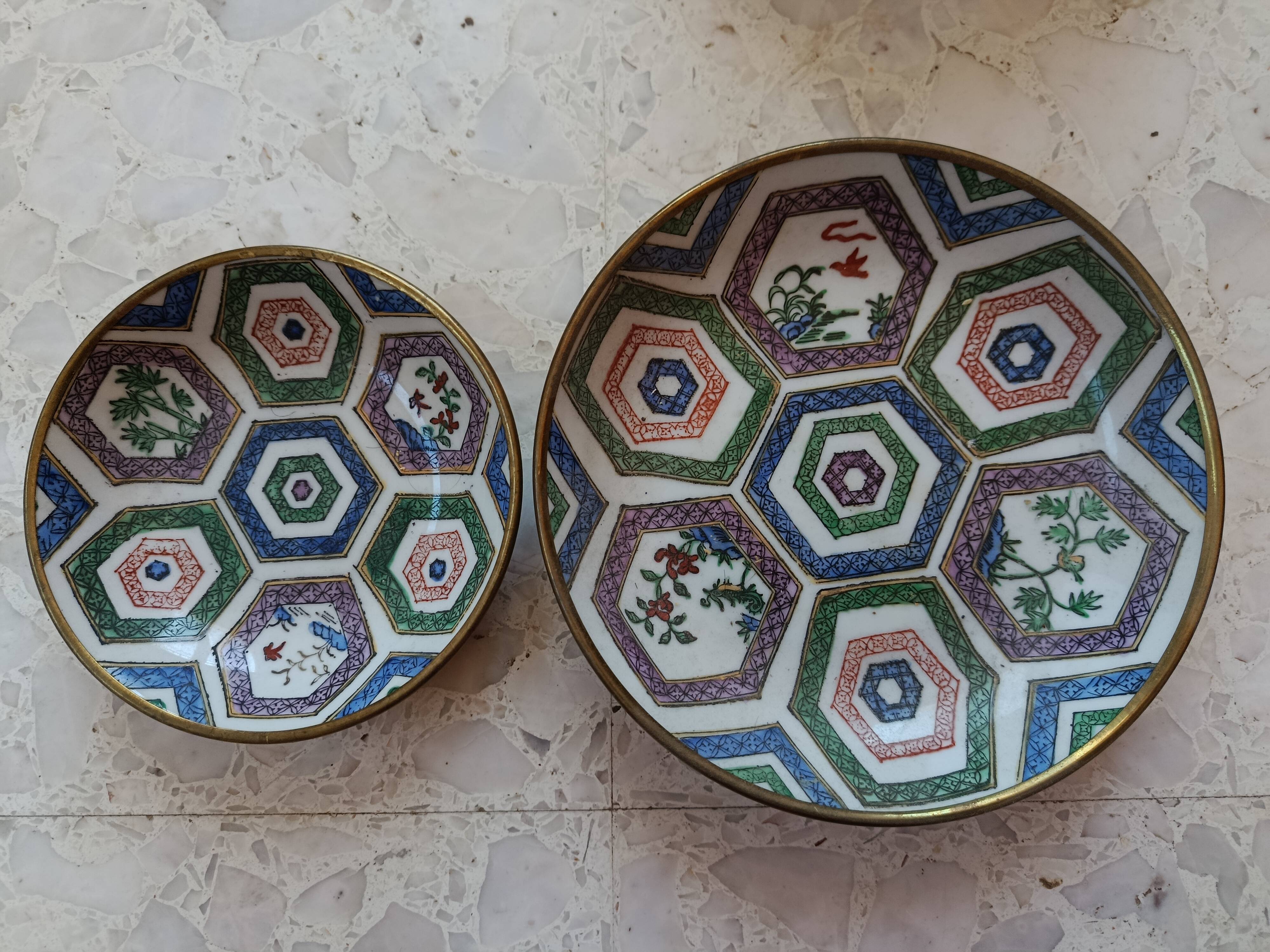 CHINA 20th CENTURY PLATE + BOWL porcelain cloisonné motifs HONG-KONG stamp