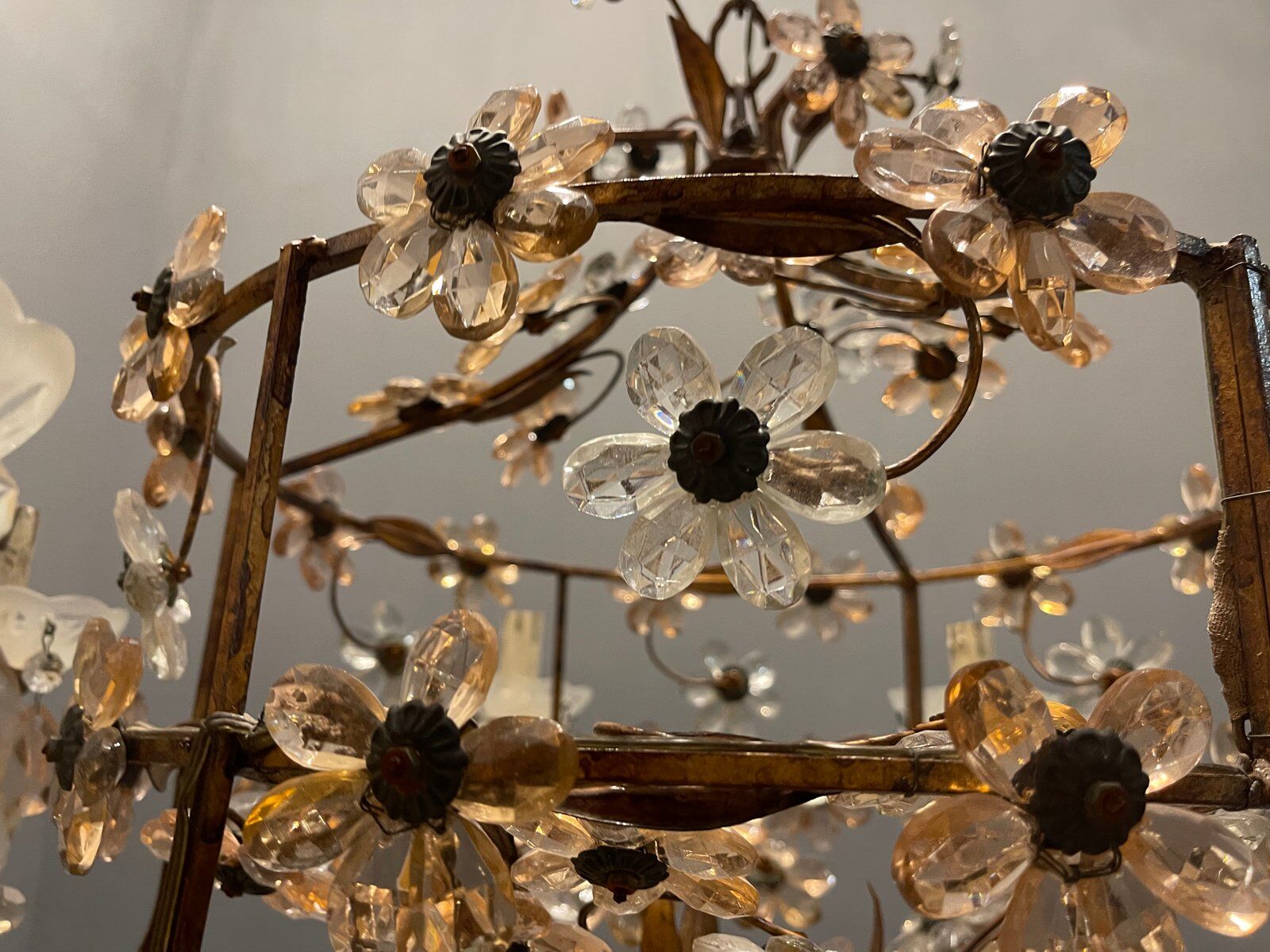 Italian Pink Murano Glass Flower Chandelier, 1950s
