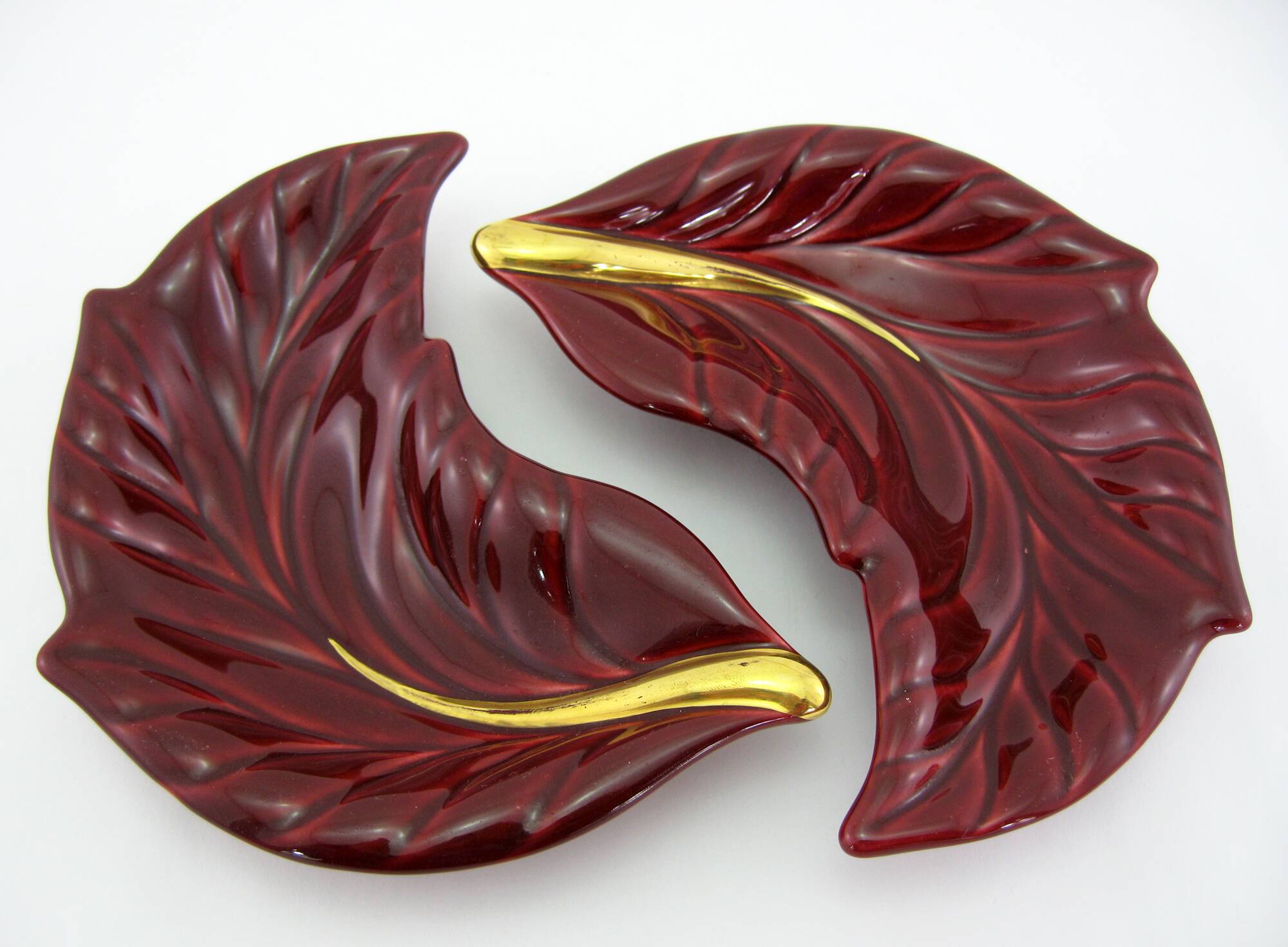 2 red and gold ceramic leaf-shaped bowls - Verceram France - vintage year