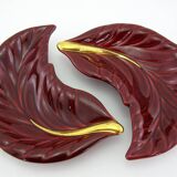 2 red and gold ceramic leaf-shaped bowls - Verceram France - vintage year