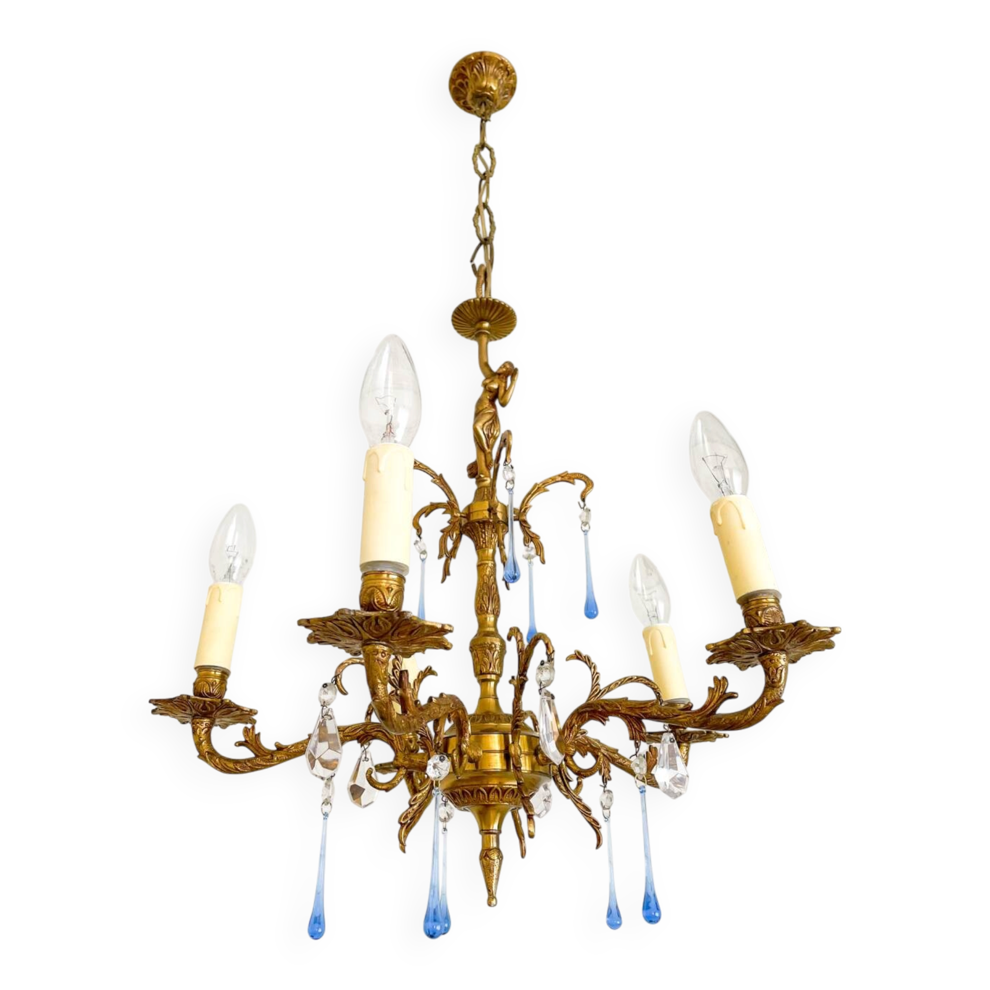 Élégant lustre vintage en bronze avec pampilles Murano bleu saphir – 5