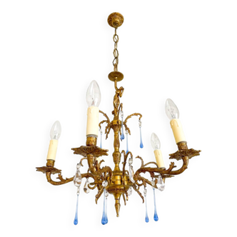 Élégant lustre vintage en bronze avec pampilles Murano bleu saphir – 5