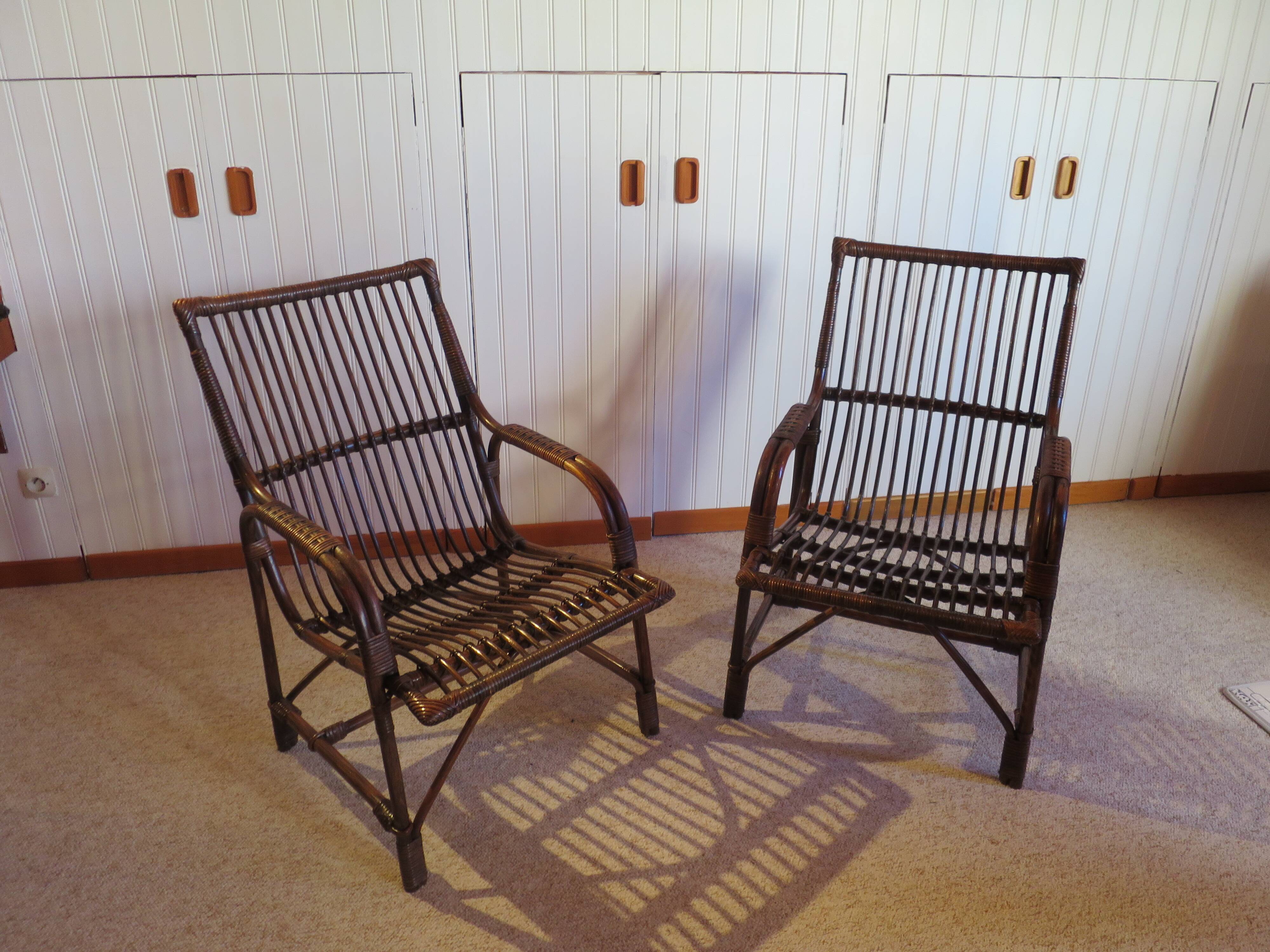 Lot de 2 Fauteuils de jardin en rotin et bambou -Vintage -Années 60 - avec coussins - vernis satin