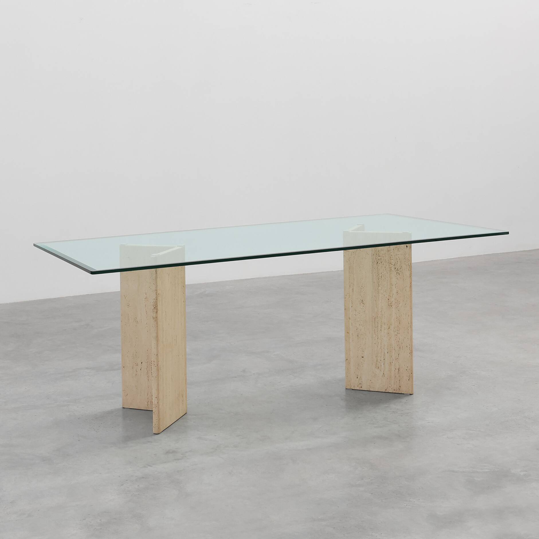 Mid‑Century Italian Dining Table with Glass Top and Travertine Base, 1970s