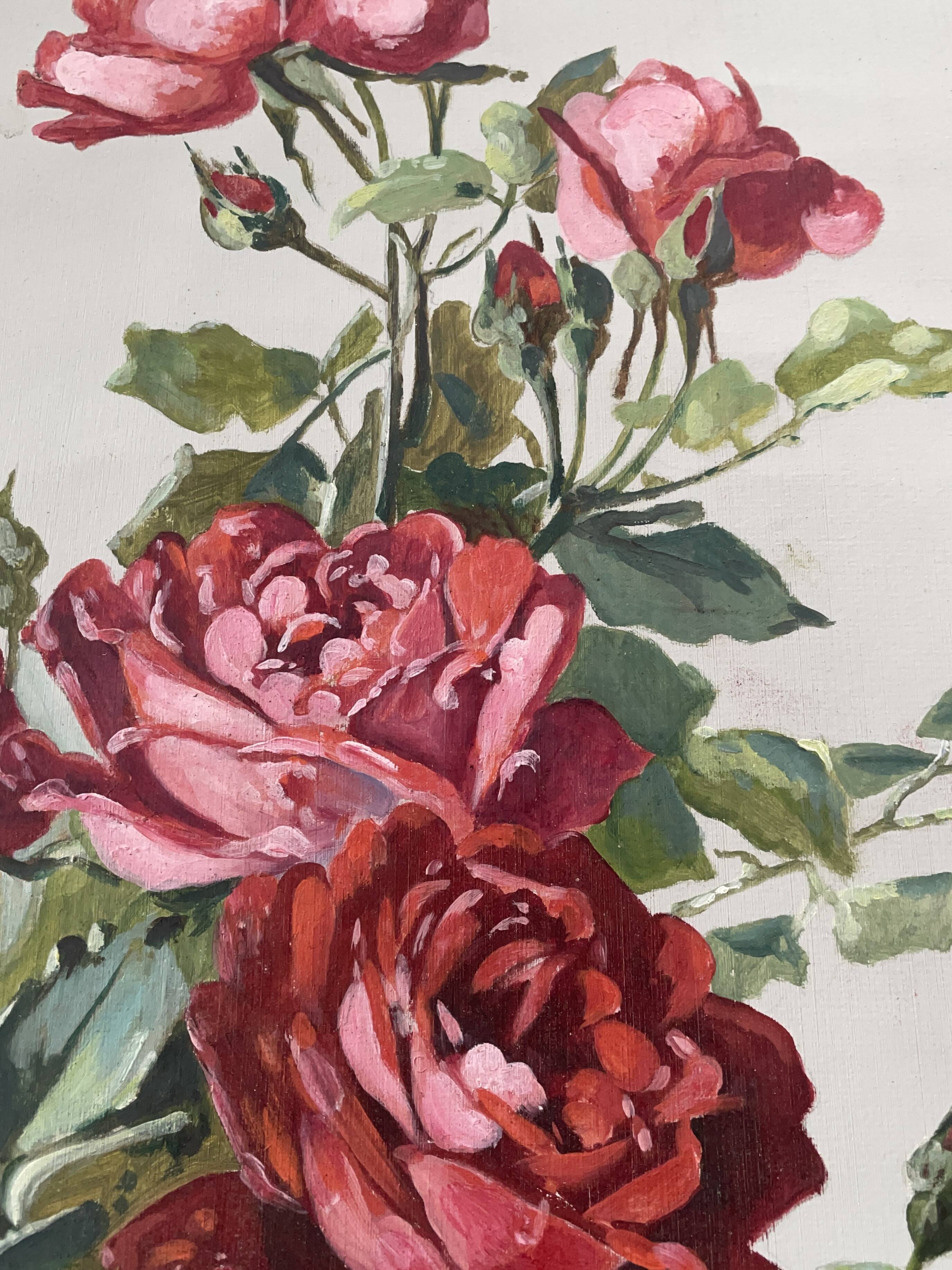 Old painting on paper depicting roses, framed.