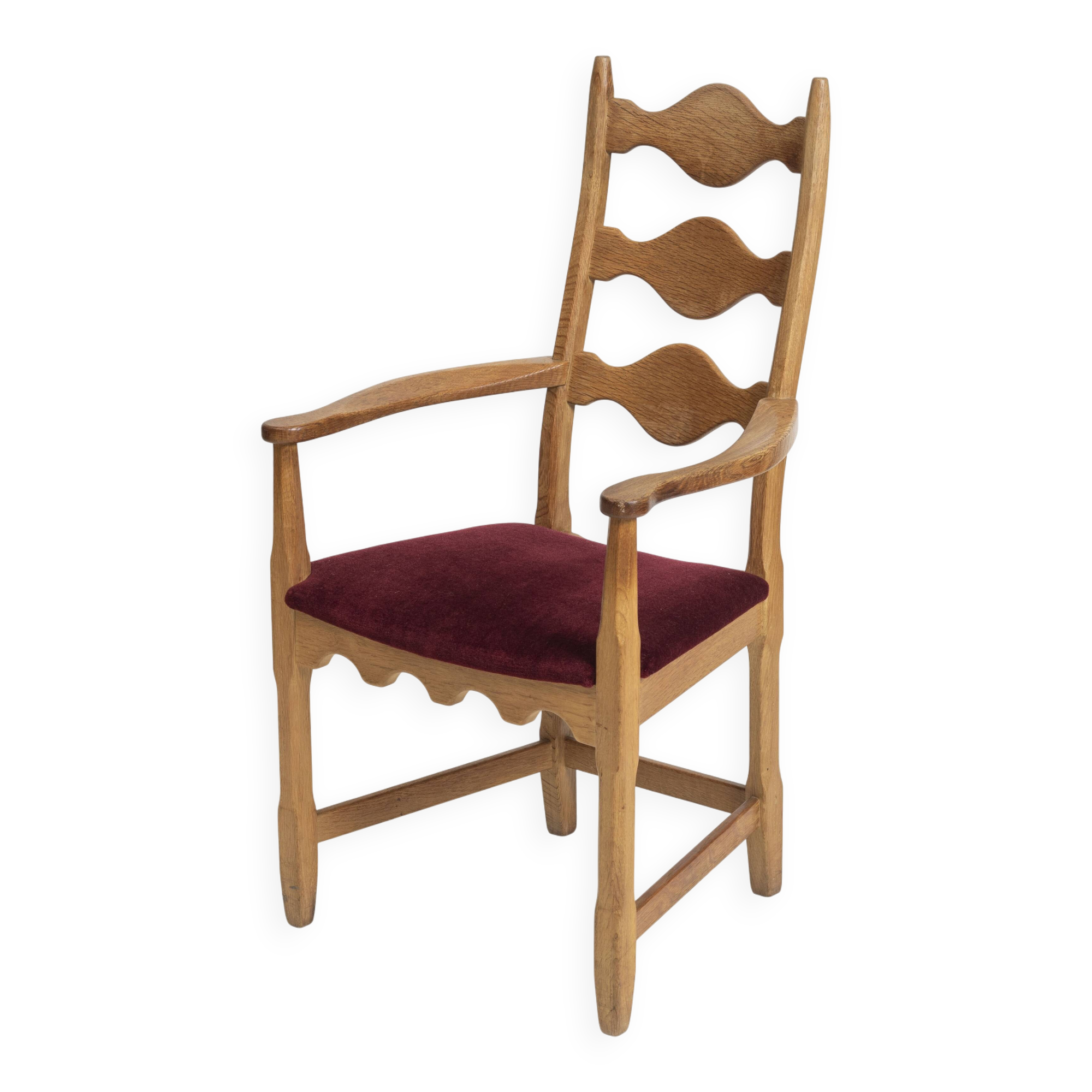 Fauteuil Razorblade, velours bordeaux, chêne, par H. Kjærnulf, Danemark, années 1960.