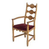 Razorblade armchair, burgundy velvet, oak, by H. Kjærnulf, Denmark, 1960s.