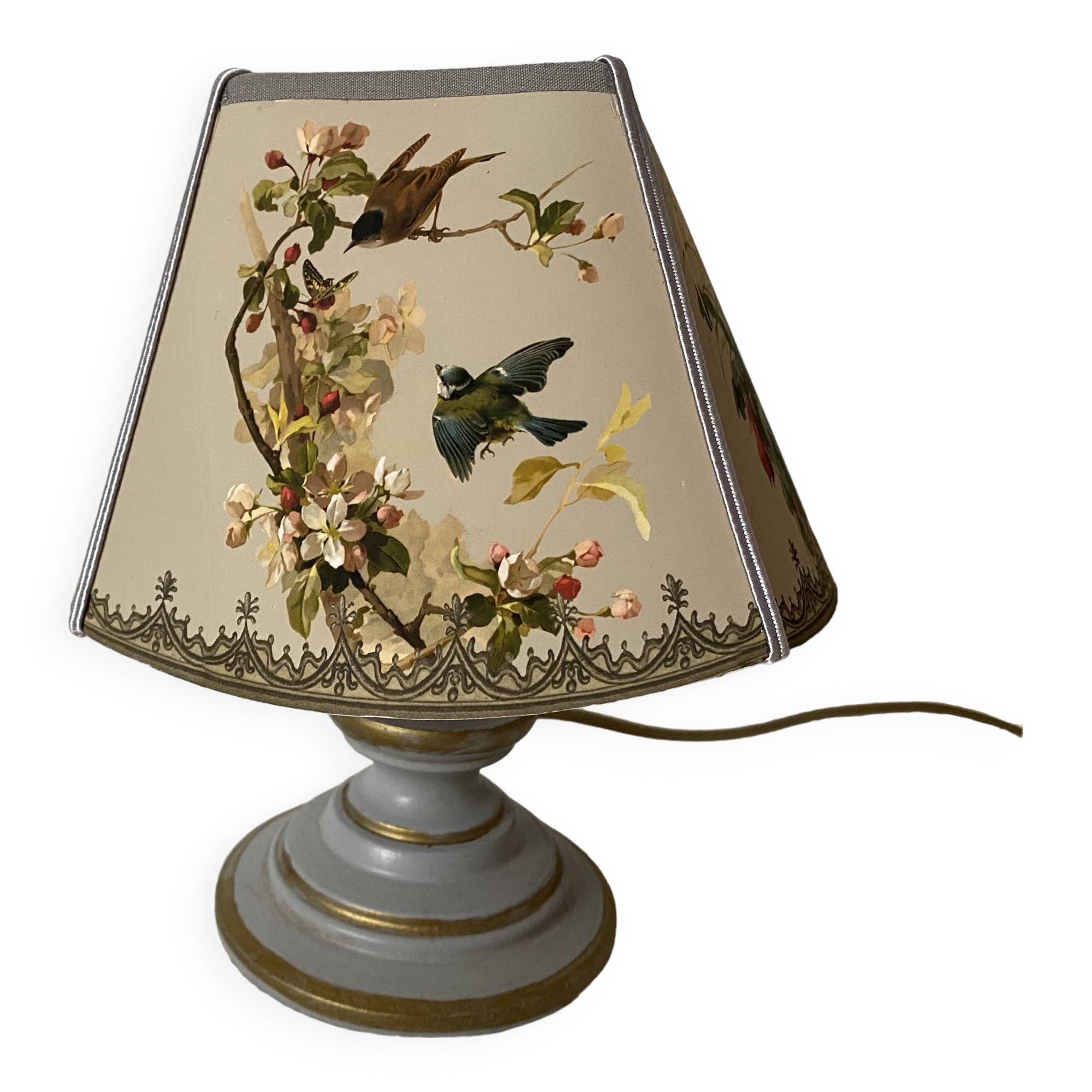 Vintage lamp, Tillier parakeets and sparrows lampshade