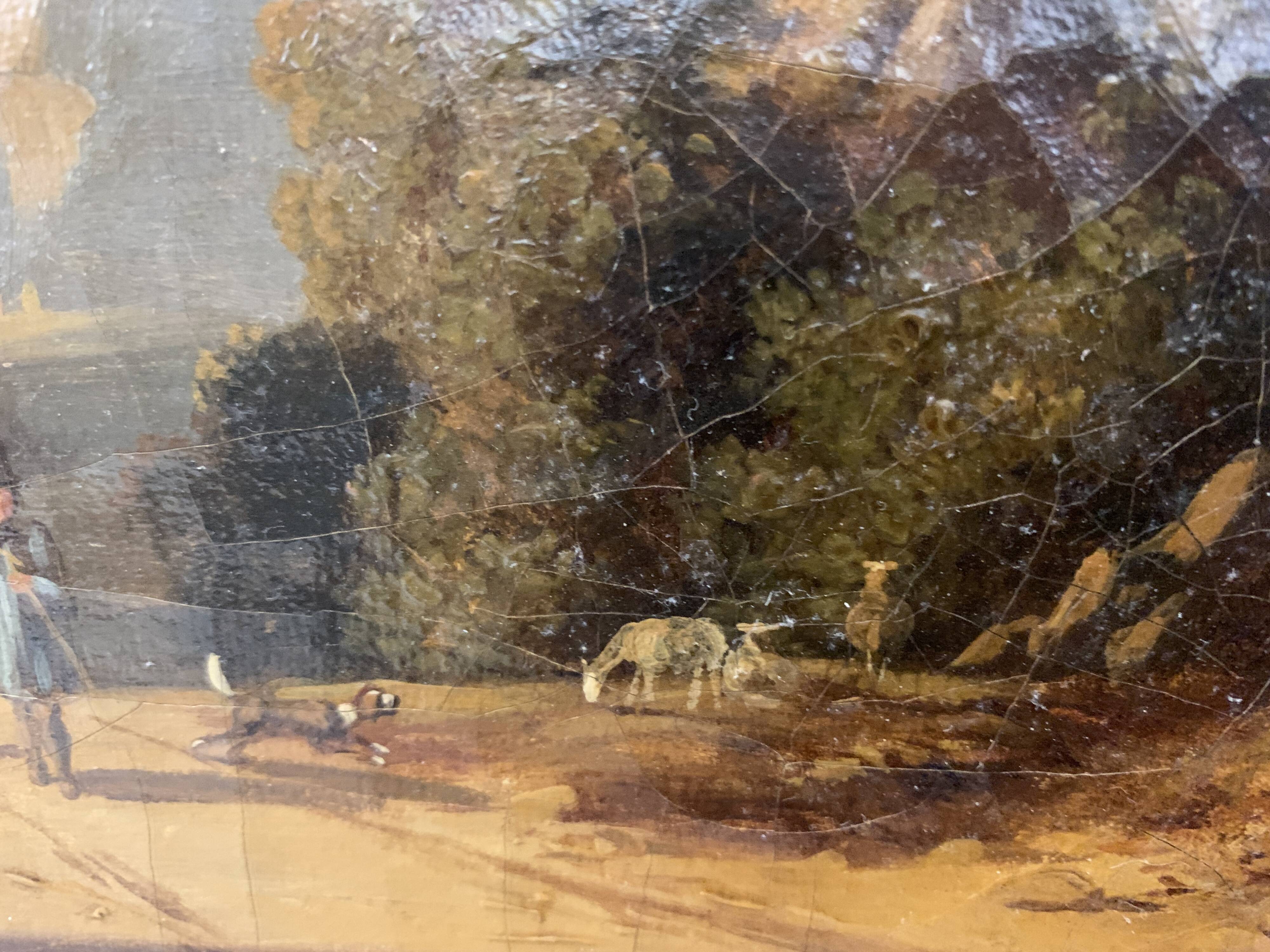 Oil on canvas "Animated landscape" wooden frame and gilded stucco 19th century