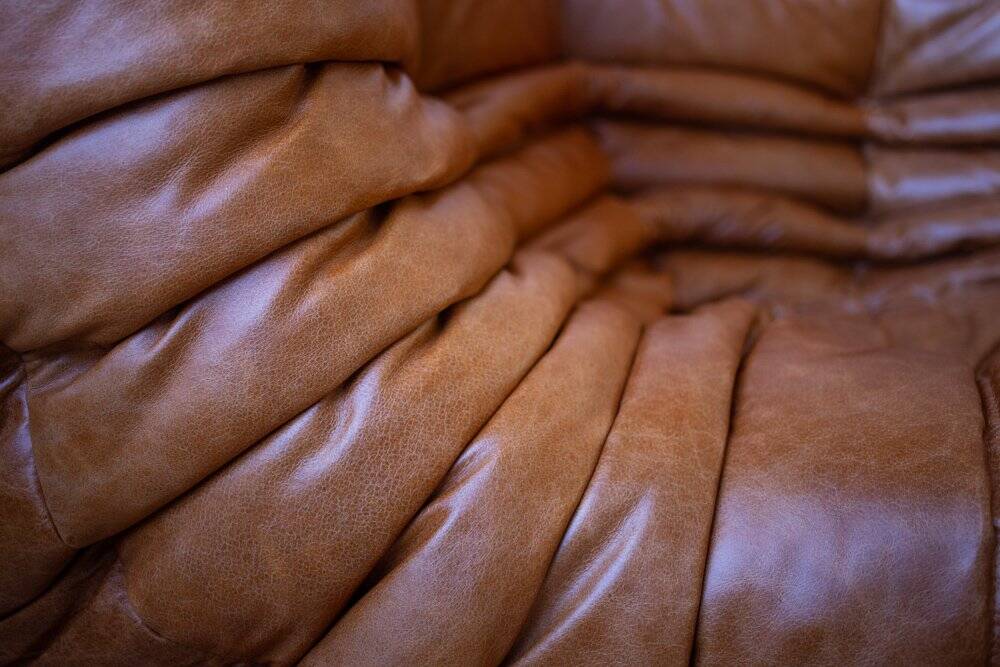 Pine leather Togo living room set attributed to Michel Ducaroy for Ligne Roset, 1979, set of 5