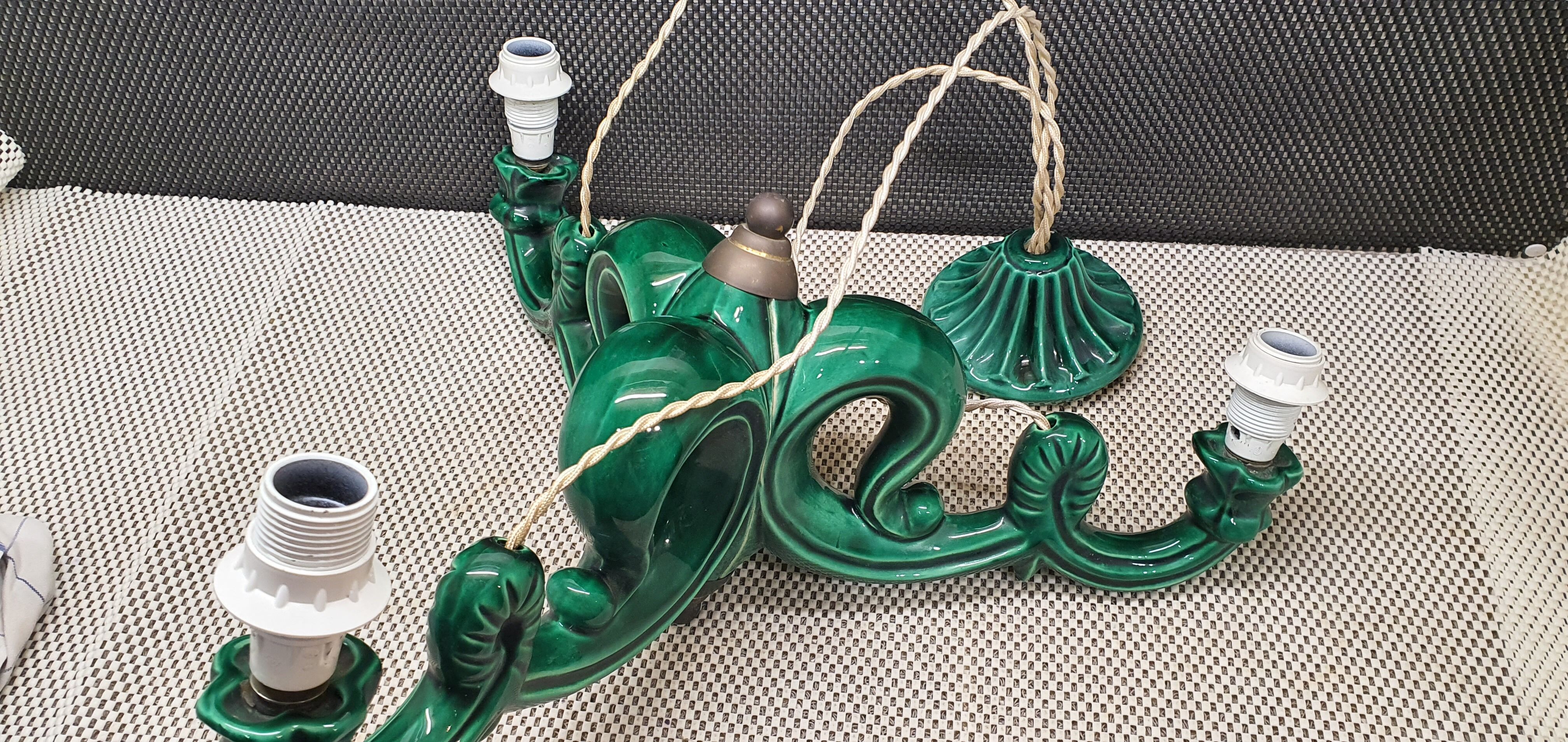 Chandelier 3 arms ceramic green art deco