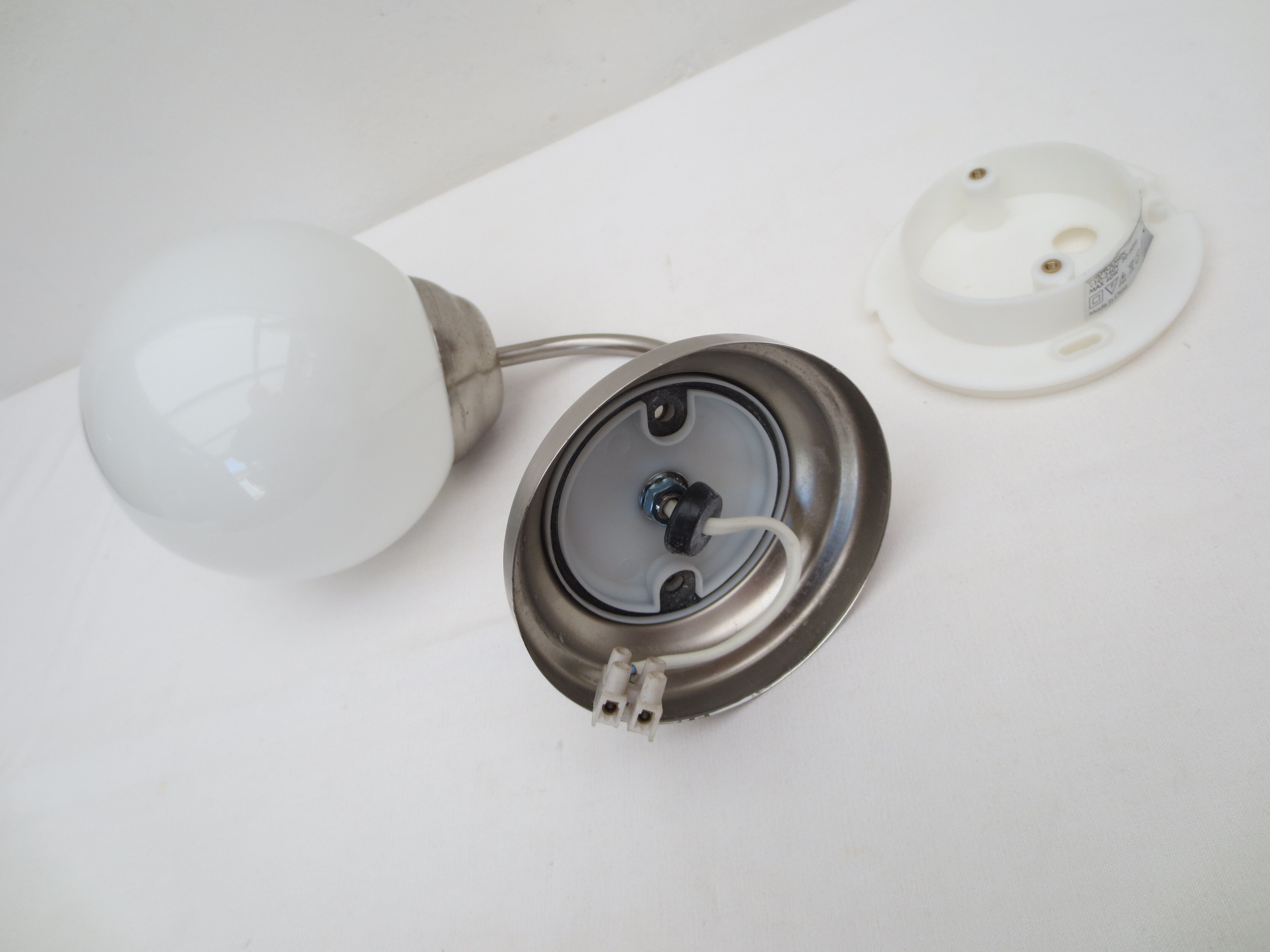 Gooseneck wall lamp, white opaline round globe