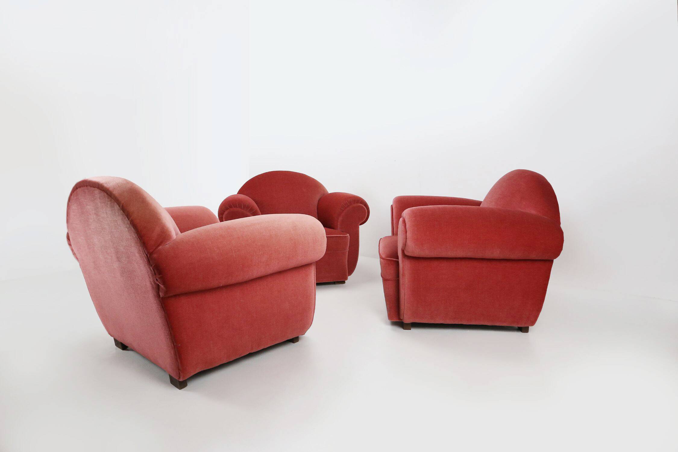 Set of 3 French Art Deco Red velvet Upholstered Armchairs, 1930s