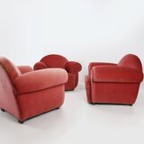 Set of 3 French Art Deco Red velvet Upholstered Armchairs, 1930s