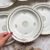 6 Vintage French porcelain soup plates with golden rosette pattern