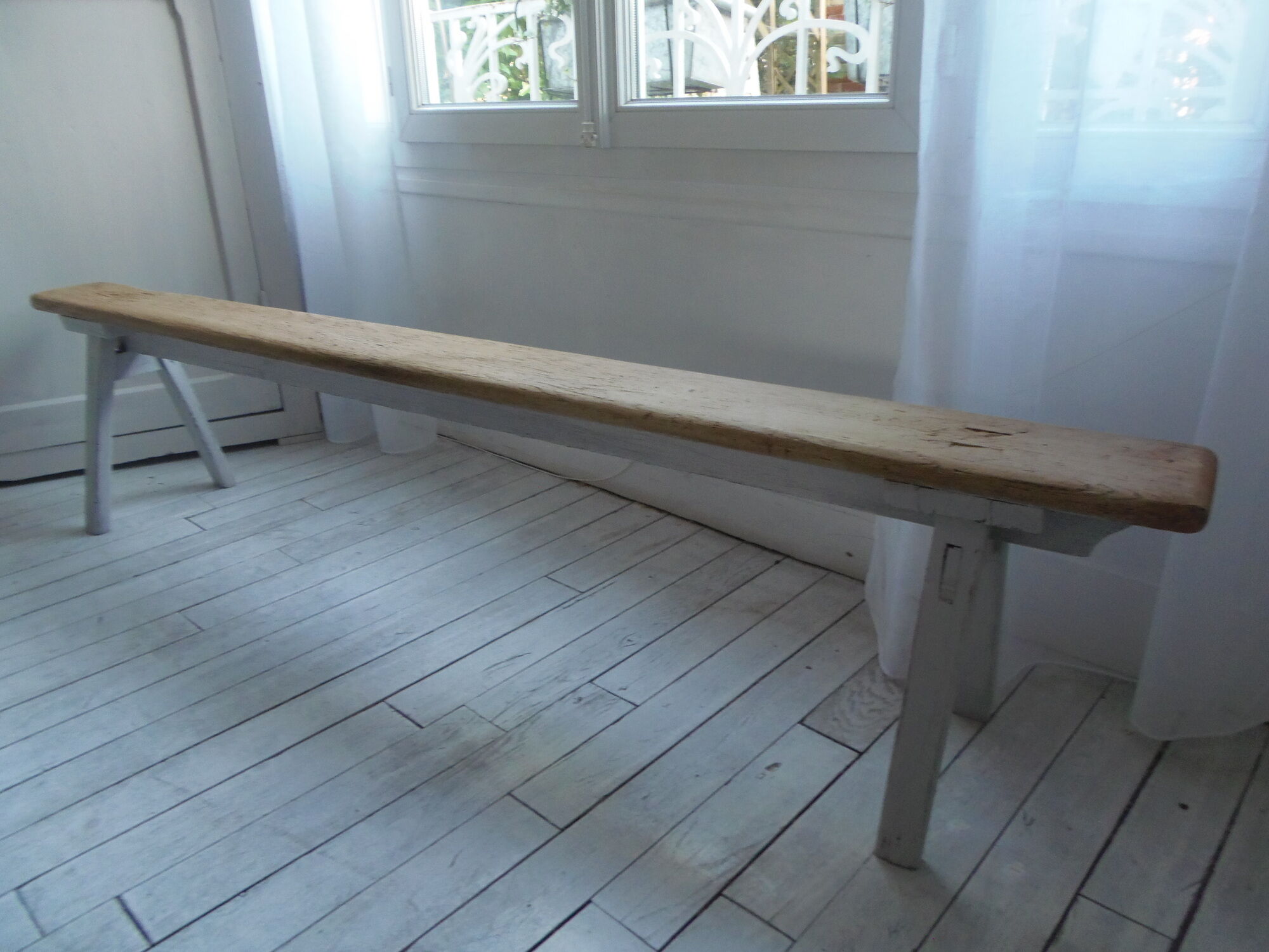 Farmhouse bench, pearl grey patinated oak bed, wood seat waxed finish.