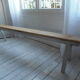 Farmhouse bench, pearl grey patinated oak bed, wood seat waxed finish.
