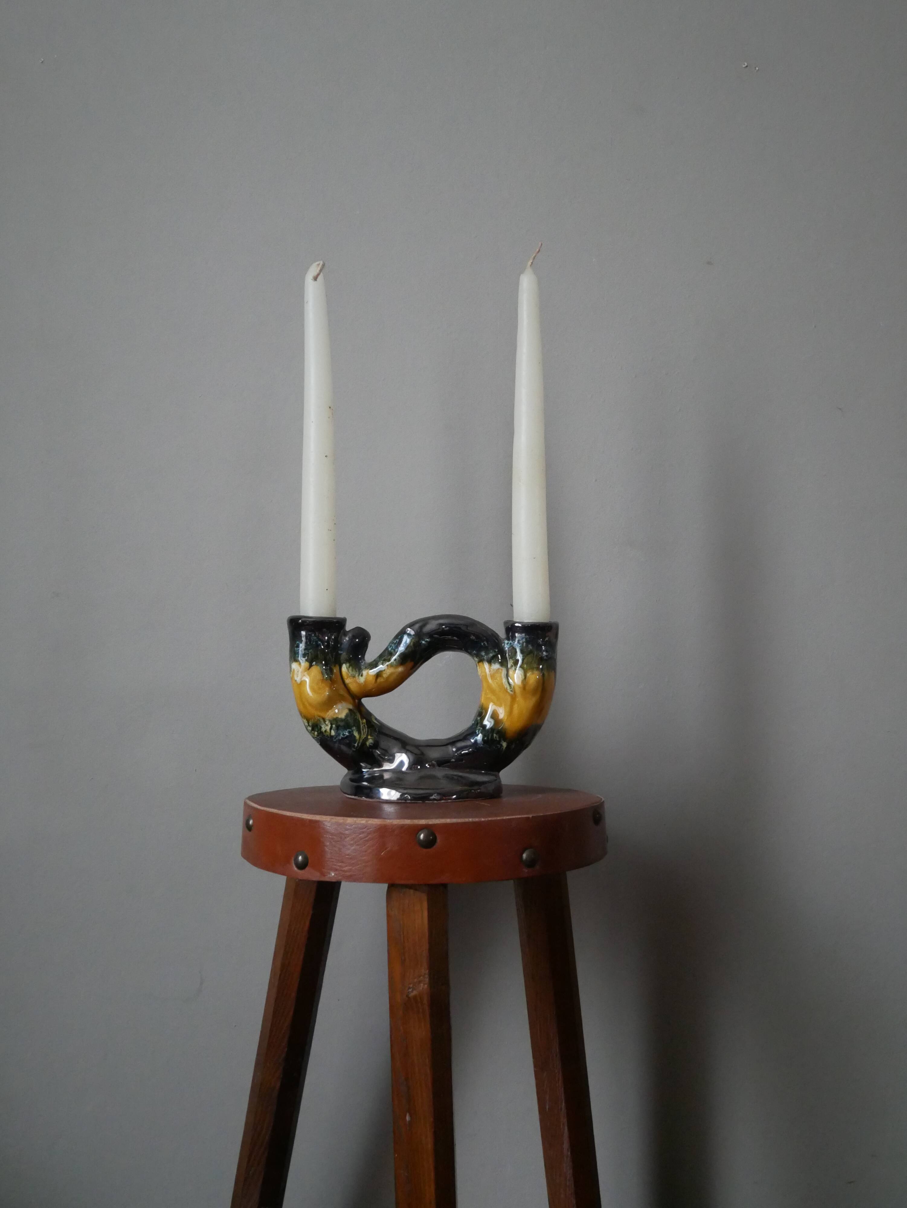 Candlestick candle holder candelabra vintage ceramic Vallauris handmade pottery