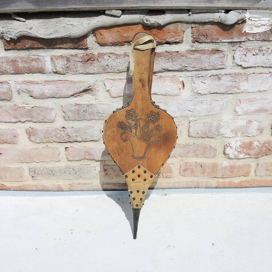 Antique wooden and leather bellows – flower basket
