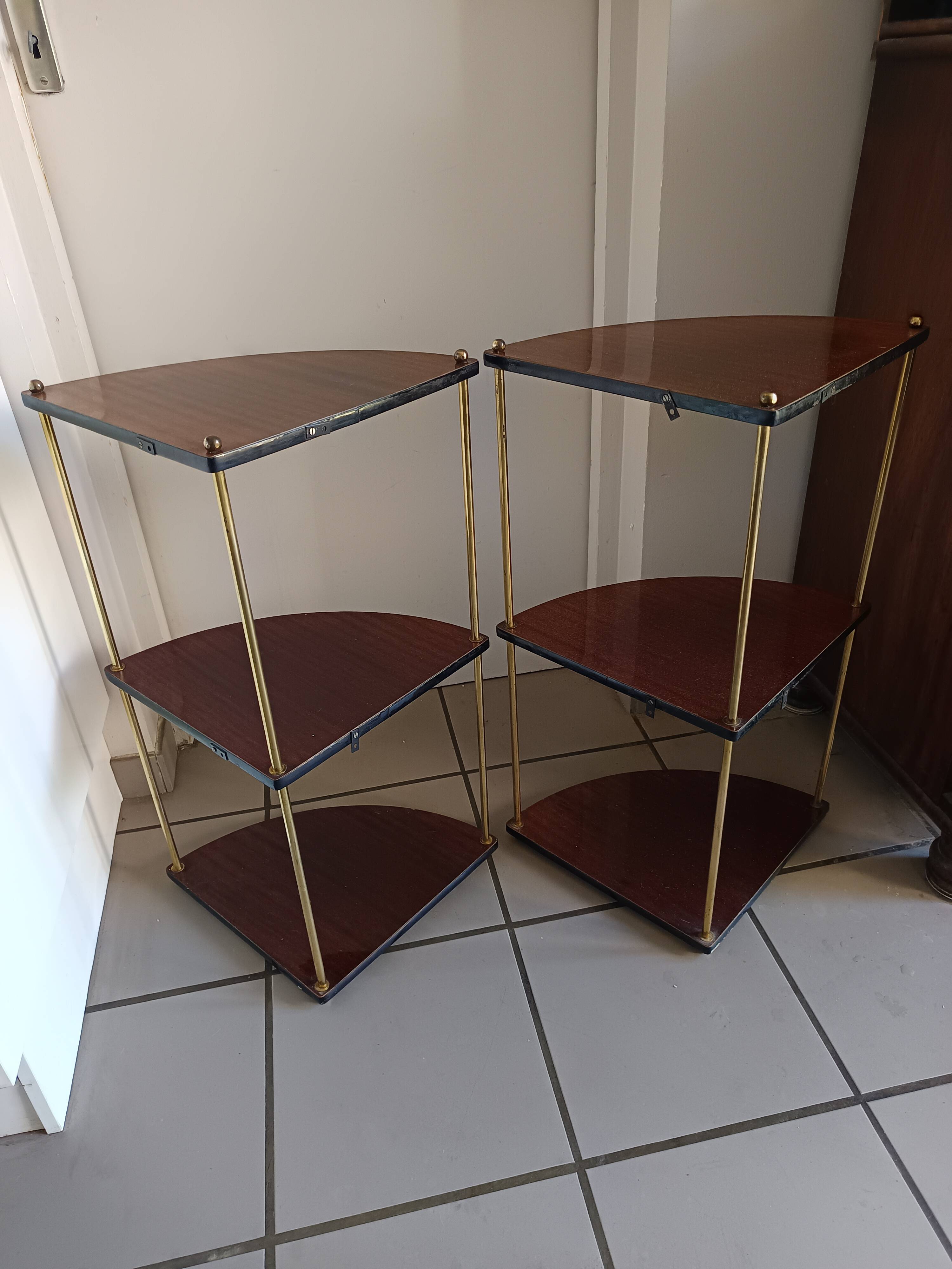 Pair of vintage corner shelves in wood and gold metal, 1960s