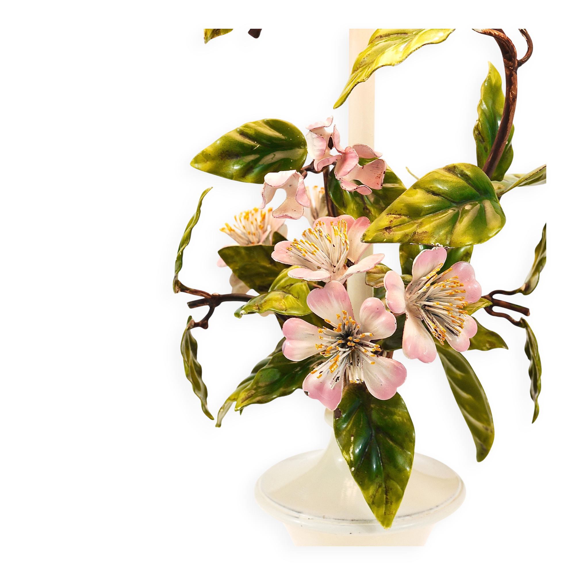 Hand-painted Toleware table lamp with wild apple blossom flowers, Salvadori, Italy, 1950s.